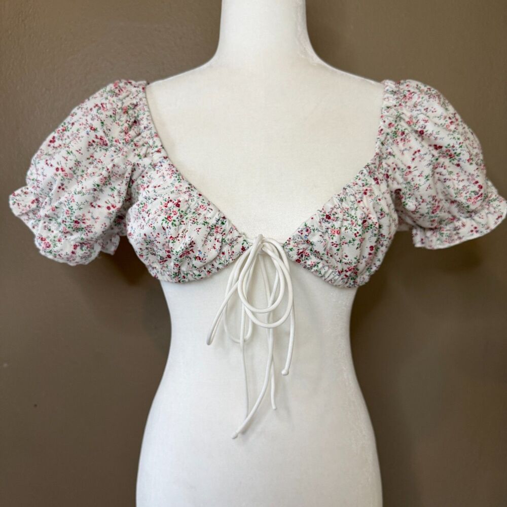 Ditsy Floral Cottagecore Crop Top Tie Front Puff Sleeve Medium